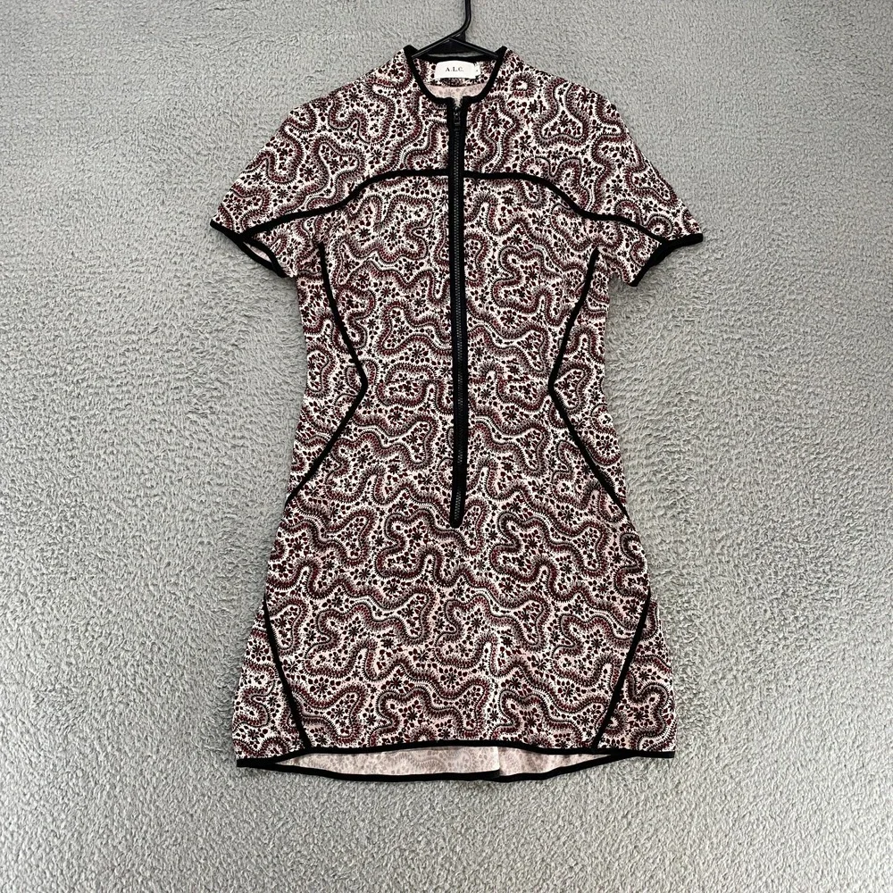 ALC Dress Womens 4 Floral Zip Up 100% Silk Short Sleeve Piping‎ Red Black White